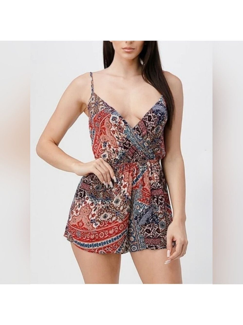 Bear Dance Red & Blue Print Romper Medium - New With Tags